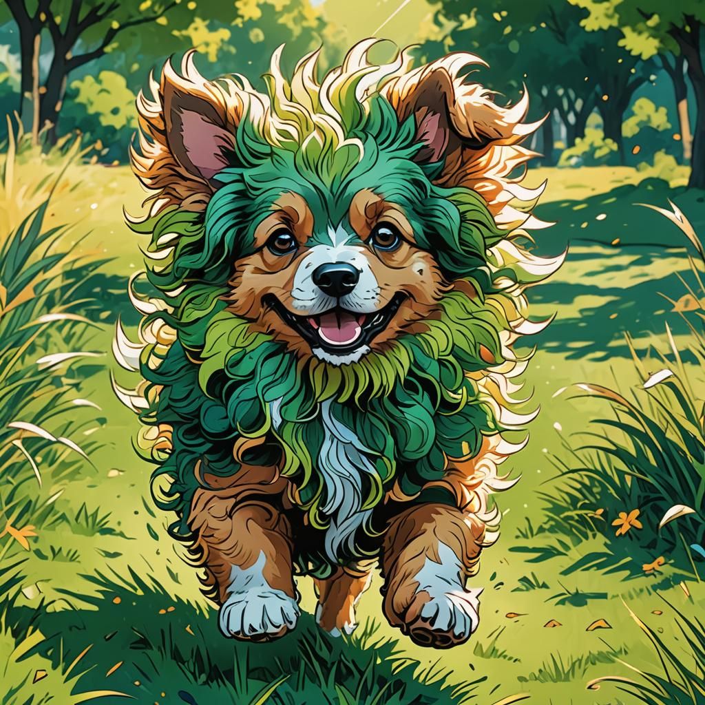 Radical Puppy Runs in Park: Vibrant Comic Book Art