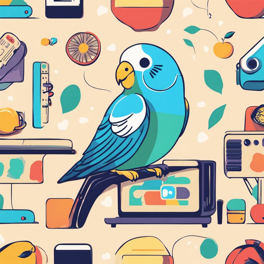 Cute Budgie on Keyboard in Minimalist Digital Art