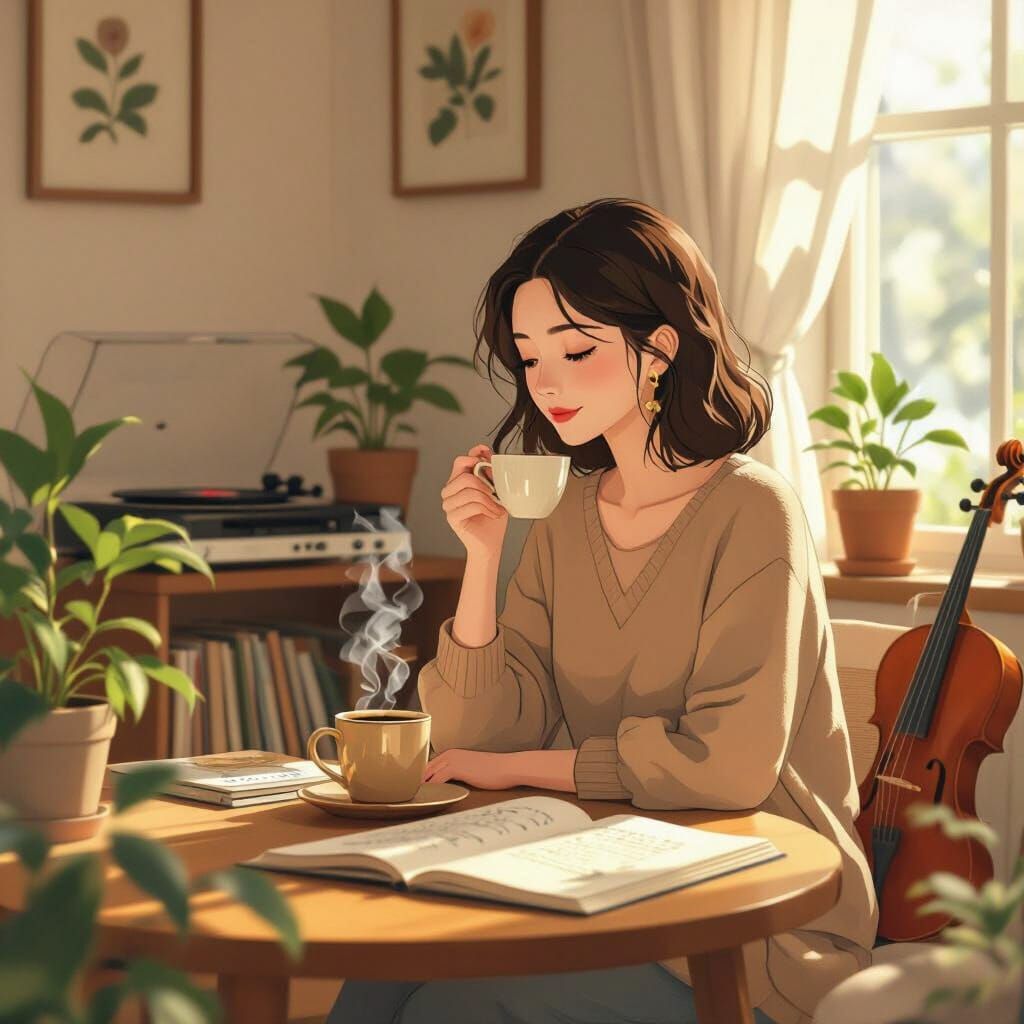 Cozy Ghibli-Inspired Room with Serene Woman