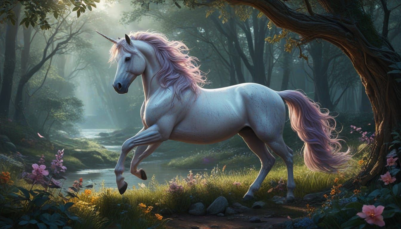 Surreal Luxe Unicorn in Whimsical Floral Paradise