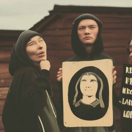 Protesters in Black and White Linocut Style