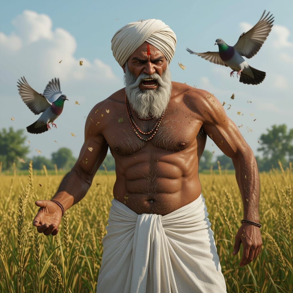 Furious Indian Farmer in Farmland: 3D Render
