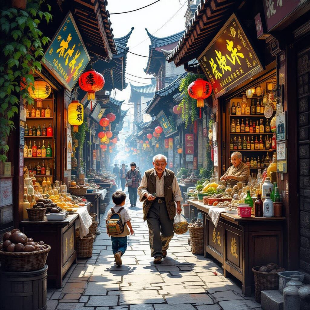 Fantasy Chinese Market Alley with Strange Wares and a Thief