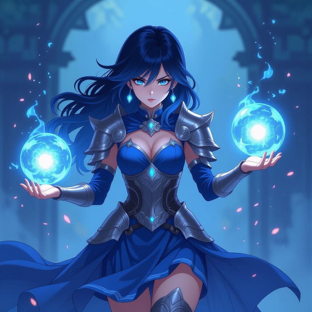 Anime Warrior Witch Casting Blue Light Orbs