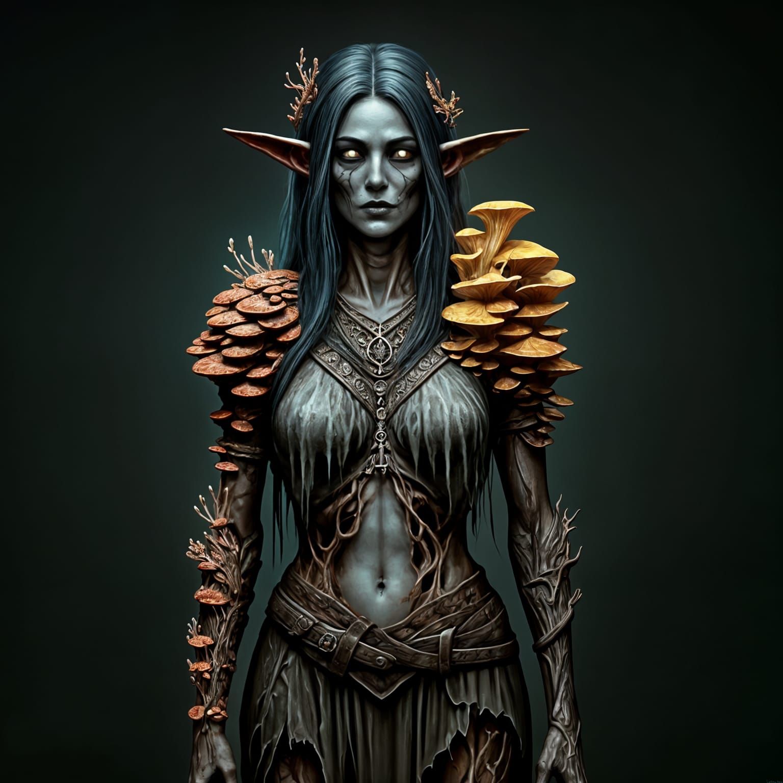 Decaying Dark Elf Covered in Bioluminescent Fungi