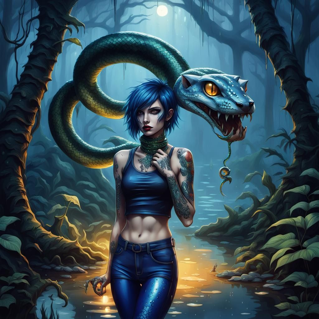 Punk Girl with Snake in a Foggy Jungle
