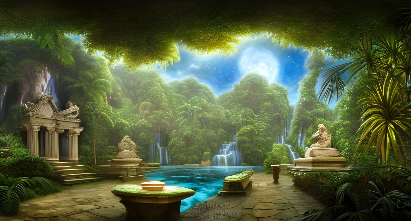 Neo-classical Roman bathhouse temple in a tropical jungle., beautiful fantasy landscape, realistic and natural, cosmic...