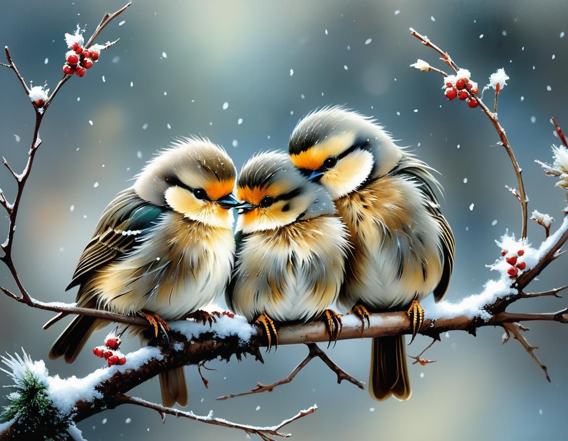 Birds Huddle Together in Winter Snow: Surrealist Painting