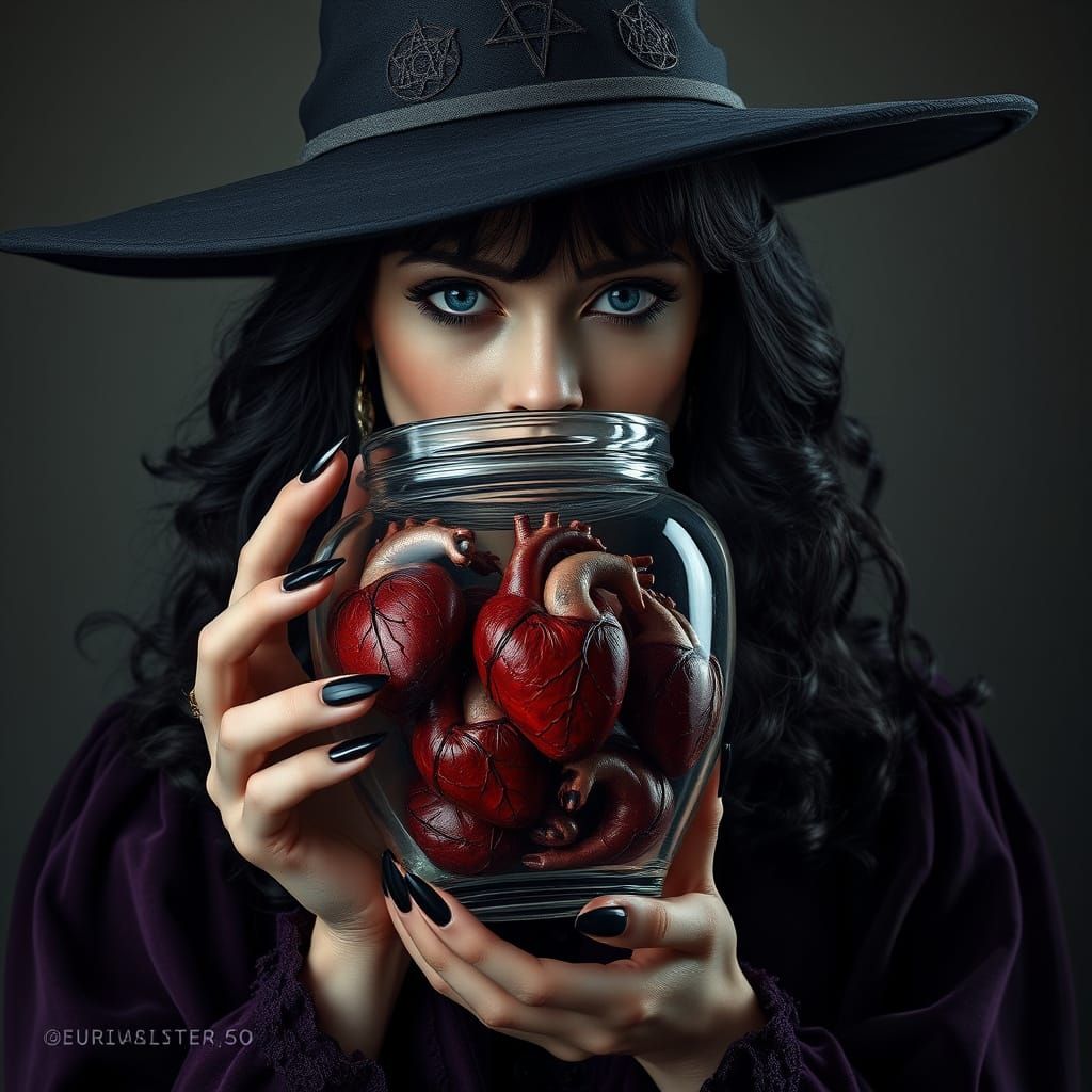 Mystical Witch with a Collection of Human Hearts