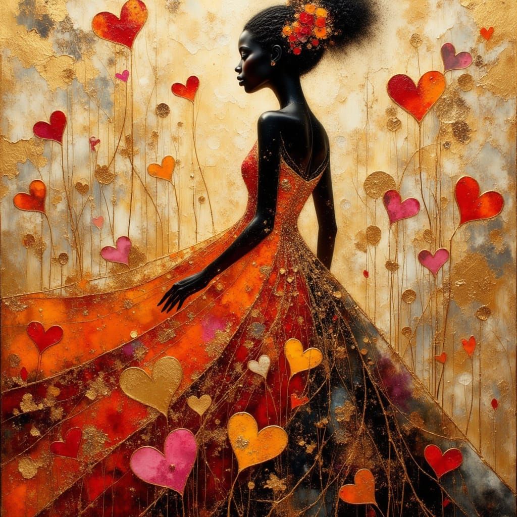 African Princess Silhouette with Hearts, Impasto Style