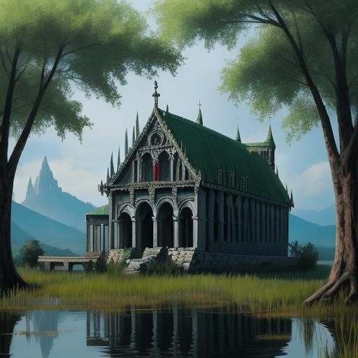Ethereal Monastery in a Mystical Swamp