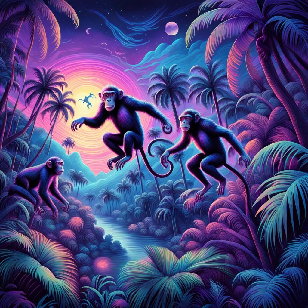 Monkeys Playing in a Cosmic Jungle Illustration
