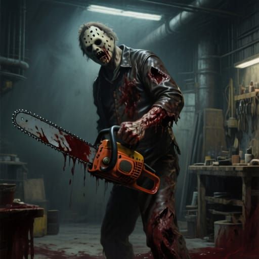 Grotesque Leatherface Wielding Chainsaw in Dark Workshop