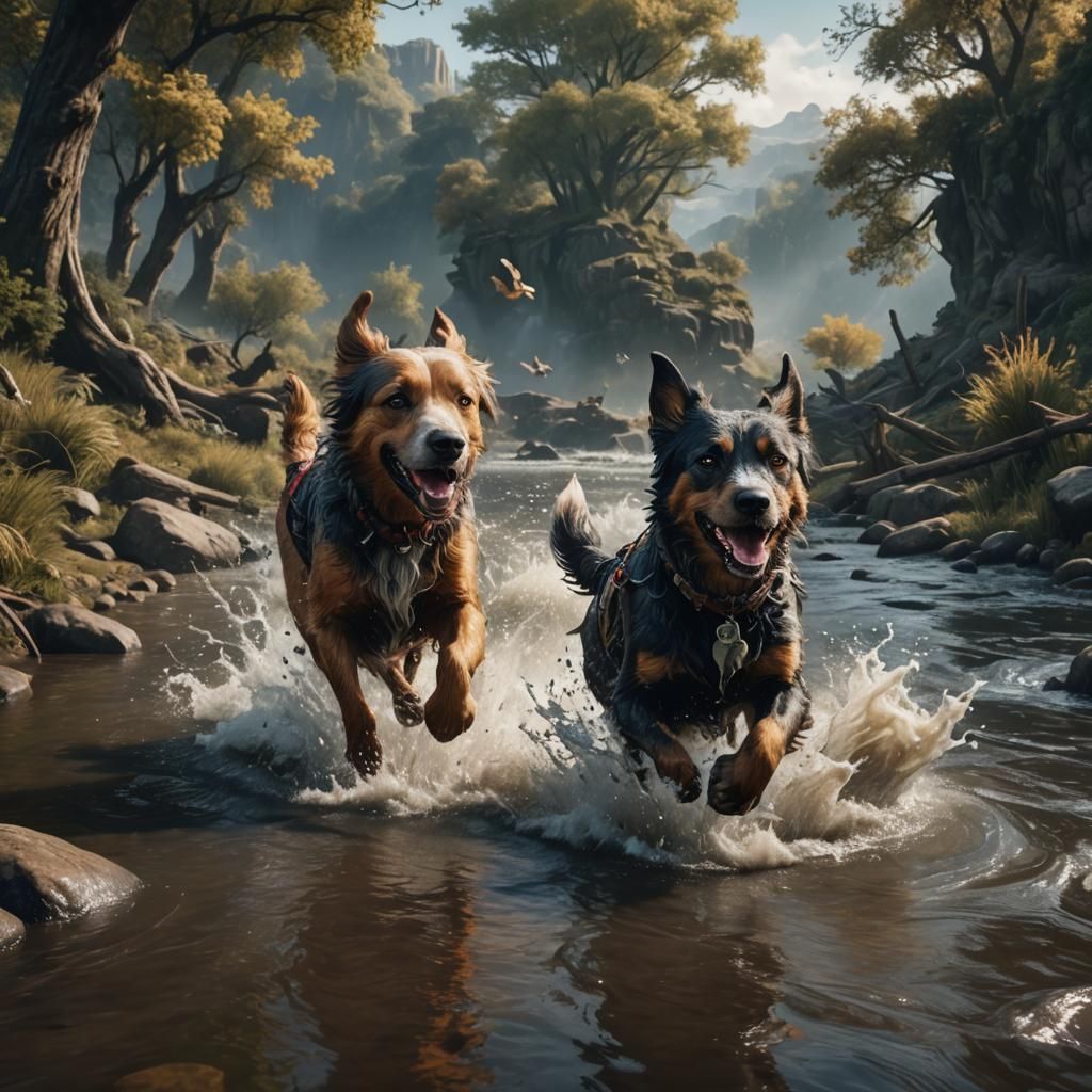 Two Dogs Emerge from a Fantastical River Scene