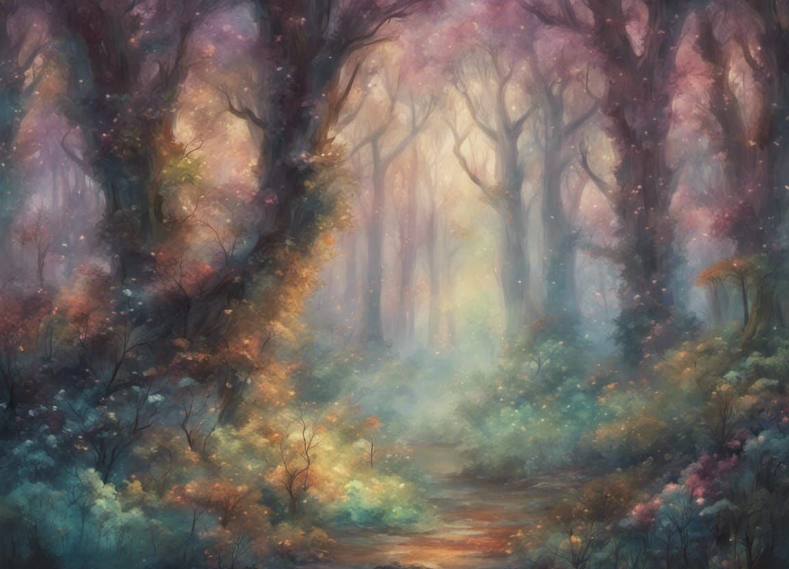 Mystical Forest with Unicorns in Impressionist Style