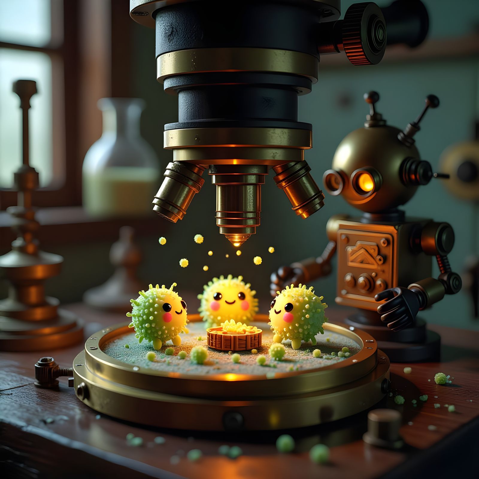 Steampunk Microbes Having a Picnic Under a Microscope