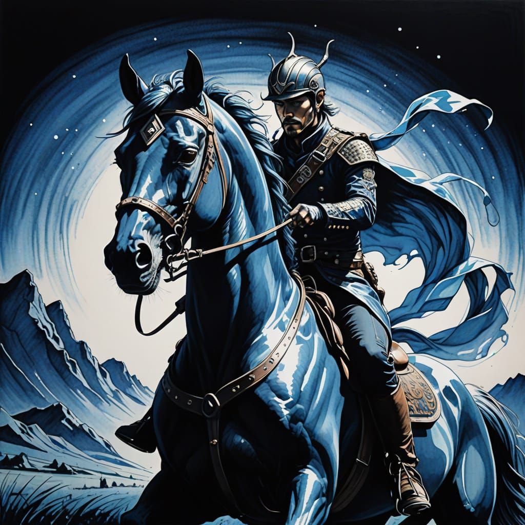 Bashkir Archer on Horseback in Silk Painting-Punk Style