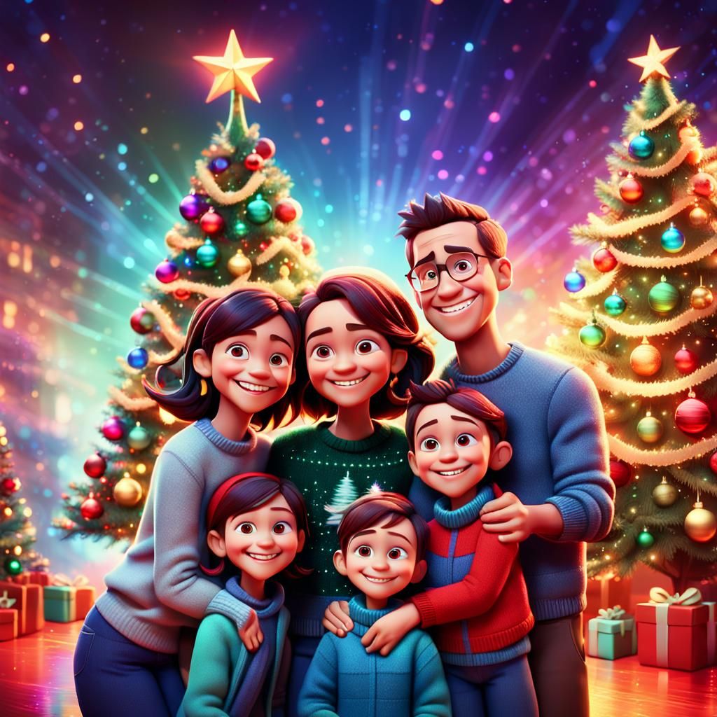 Joyful Family Christmas Scene in Vibrant Digital Art