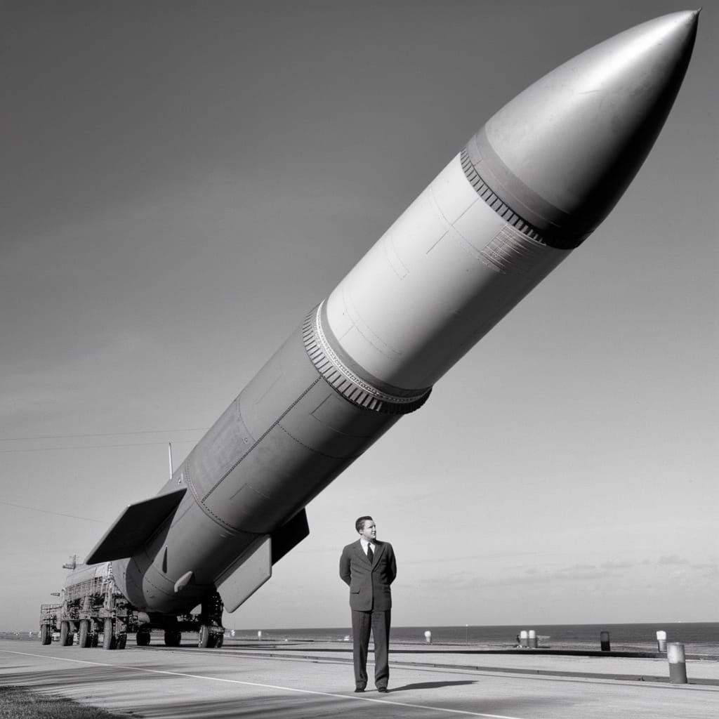 Warner Von Braun in 1949 inspecting the first 6 man nuclear hydrogen powered rocket on the deck at cape Canaveral.