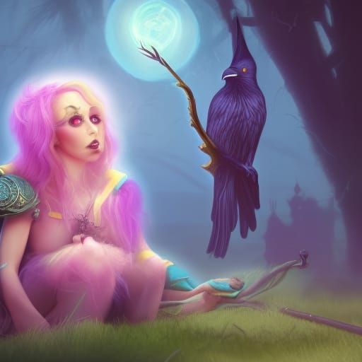 Colorful Pastel Witch with Crow: Fantasy Art