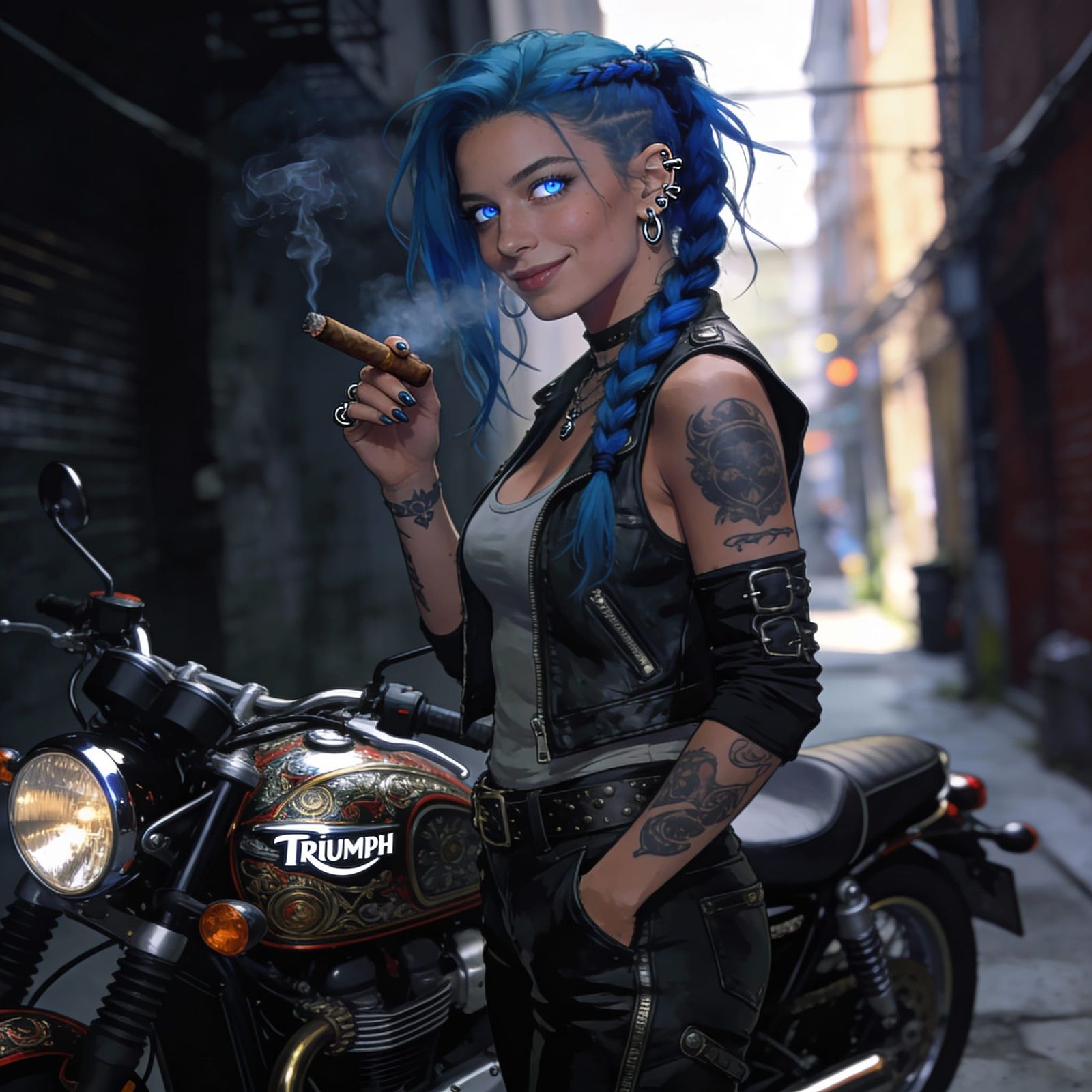 Noir Biker Woman With Triumph Motorcycle