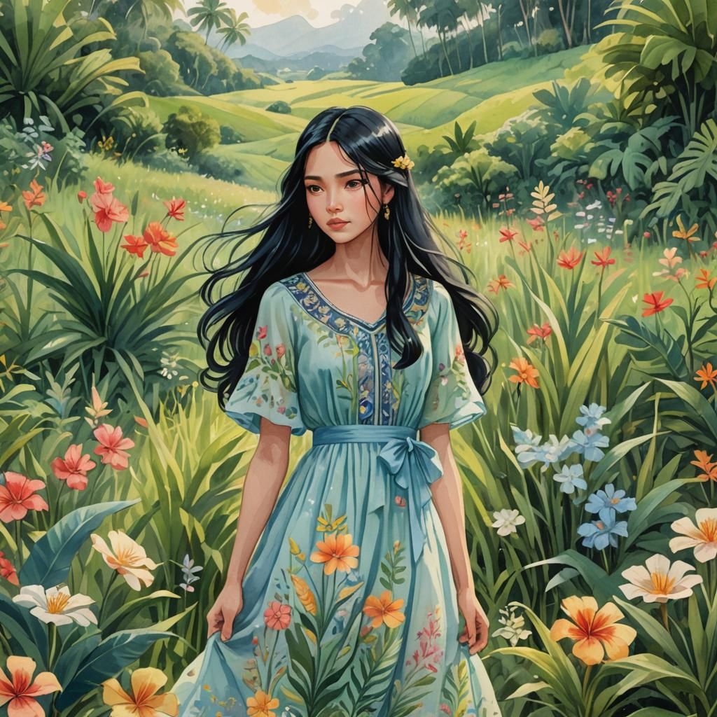 Young Woman in Blue Dress, Watercolor Anime Art