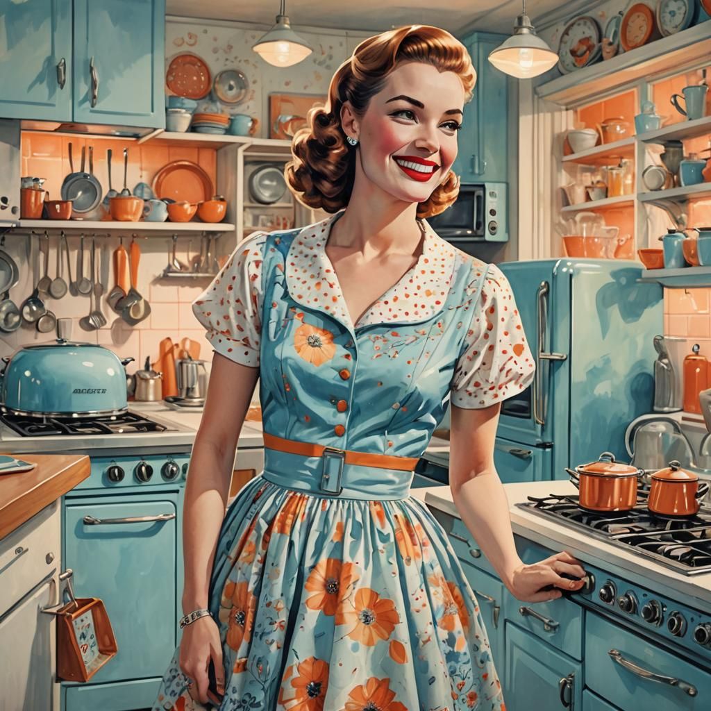 Pop Art Portrait of Smiling Woman in 1950s Kitchen