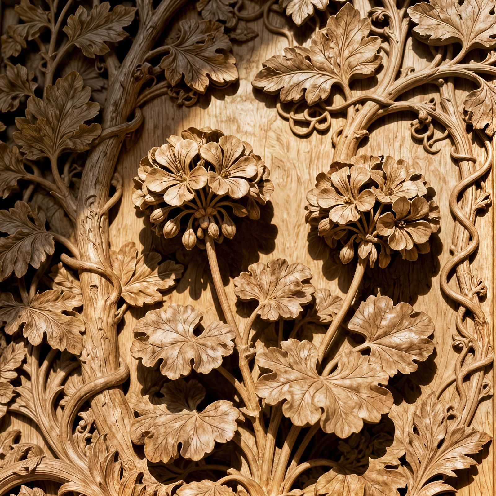 Detailed Wood Bas Relief of Geraniums and Leaves