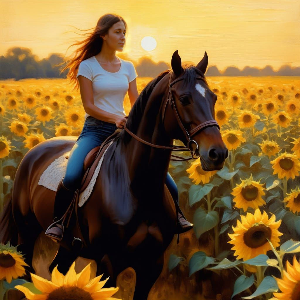 Girl on Horseback in Sunflower Field: Impressionist Painting