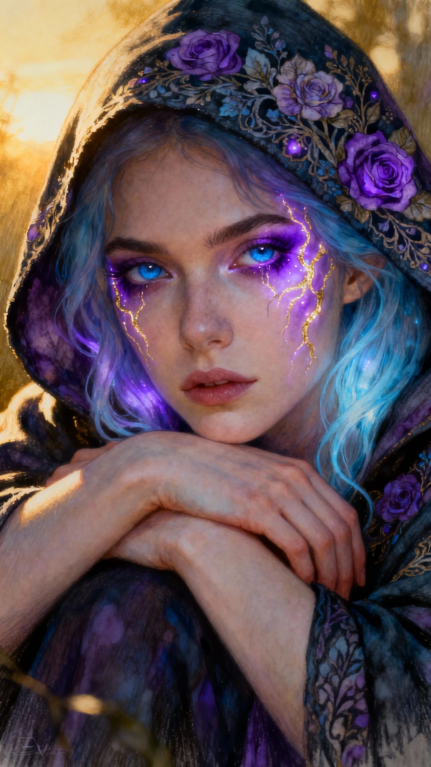 Boho-Gothic Woman with Luminescent Veins in Golden Hour