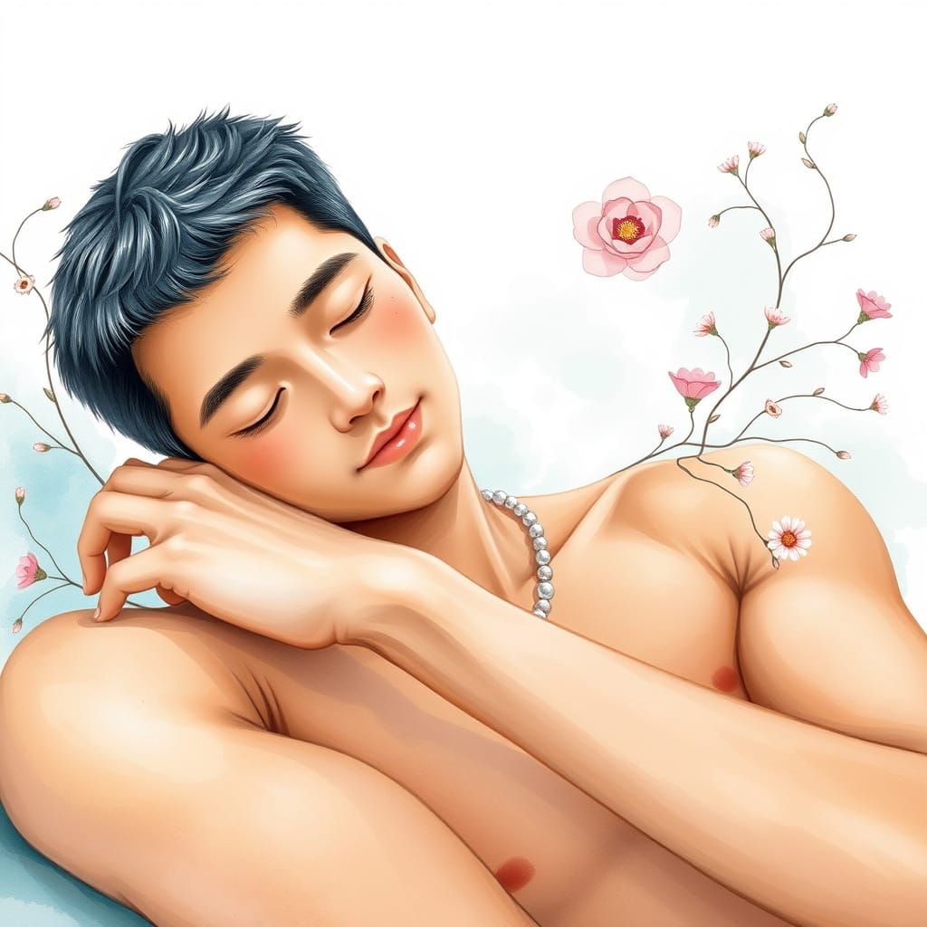 Tranquil Man with Watercolor Splatters in Dreamy Landscape