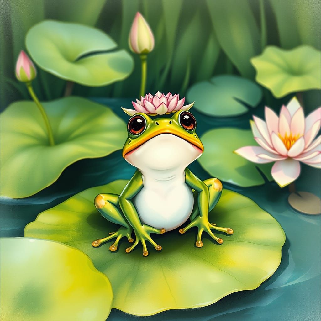 Frog with Water Lily Crown in Dreamy Watercolor