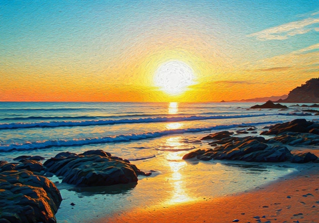 Sunset Bay in Pointillism Painting Style