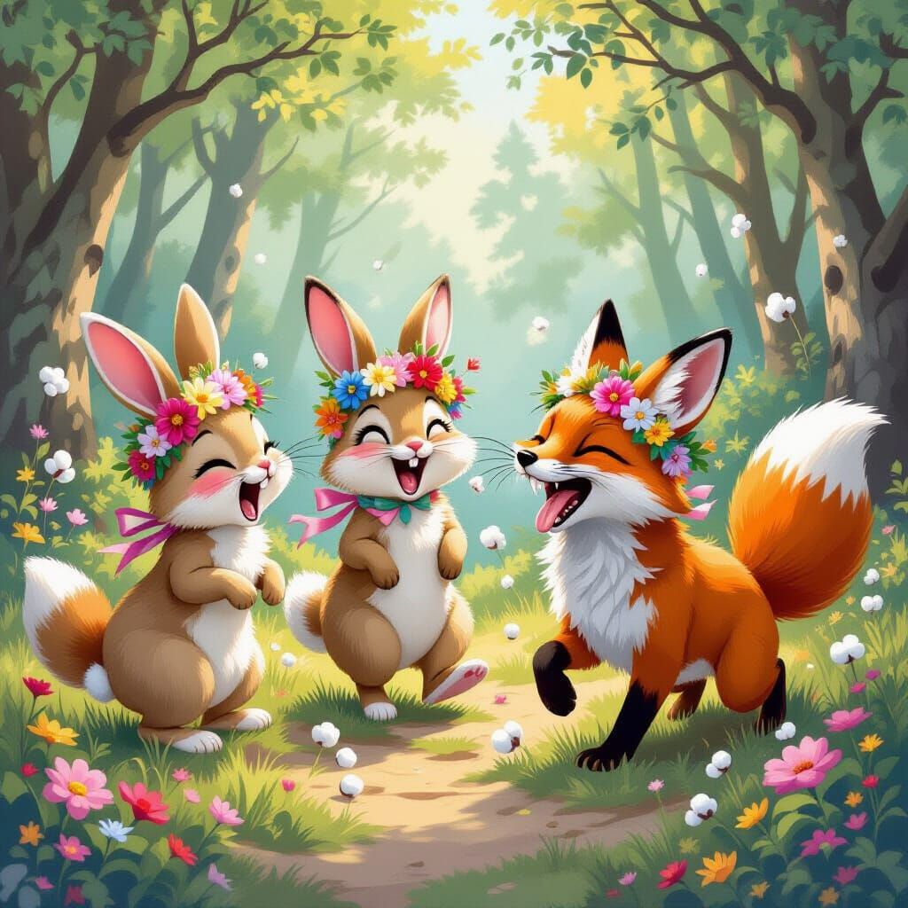 Whimsical Forest Chase: Bunnies and the Snarling Fox