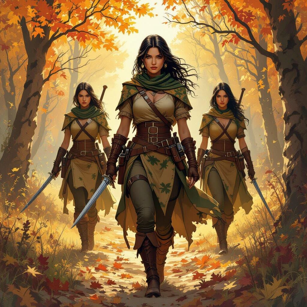 Female Ranger Scouts Patrol Autumn Forest as Fantasy Illustr...