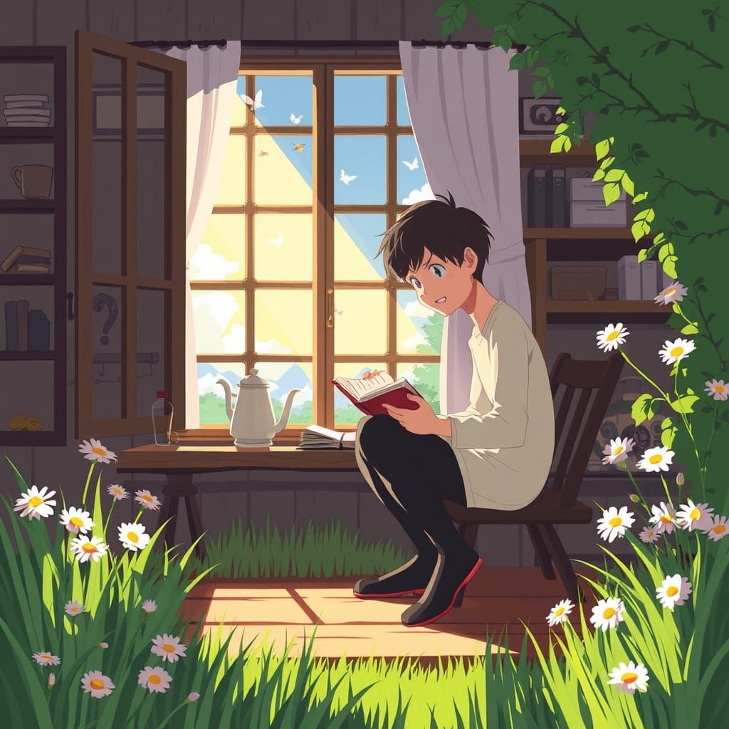 Peaceful Anime Scene: Man in Sunlit Home