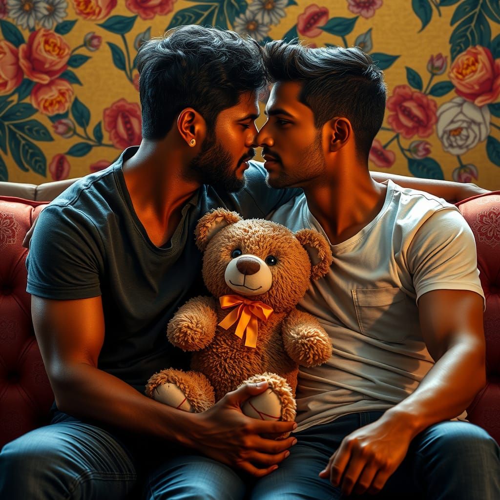 Intimate Moment: Two Men in Realistic Splash Art Style