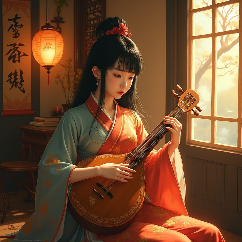 Teenage Girl Plays Guzheng in Ornate Room
