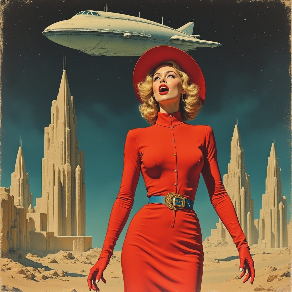 Woman in Red Standing Before Futuristic Cityscape with Hover...