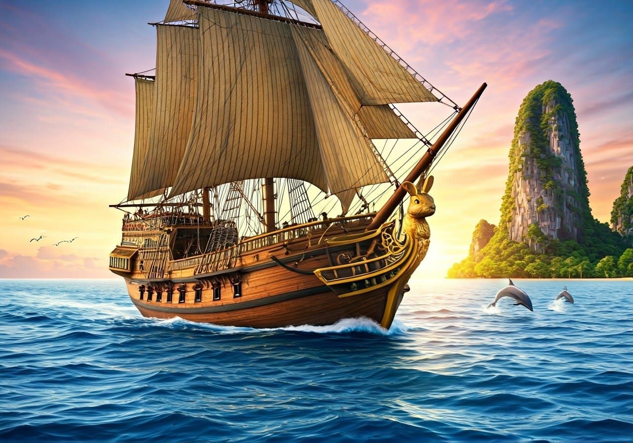Sailing Carrack Ship with Rabbit Figurehead in Tropical Para...