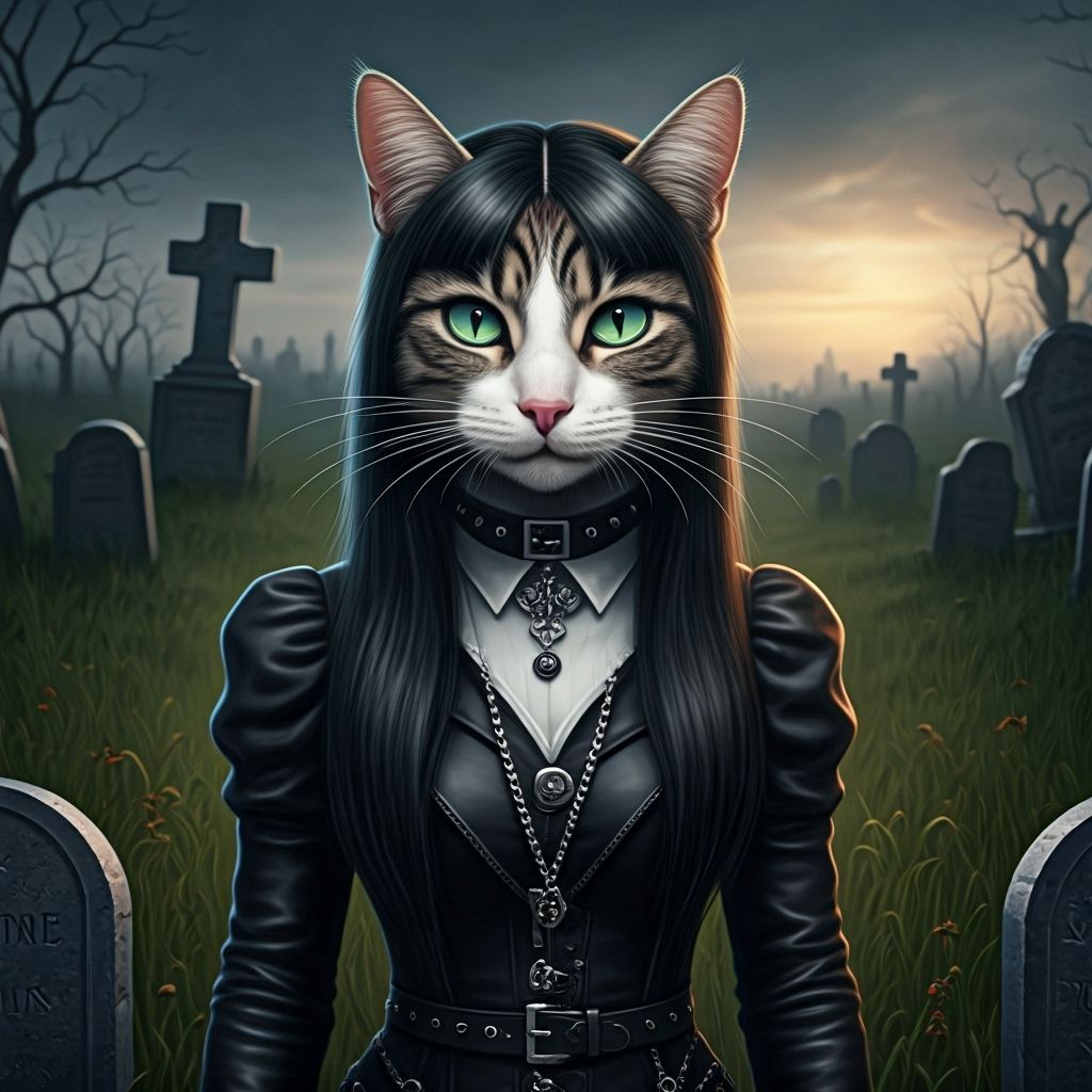Female cat dressed as a goth in a graveyard