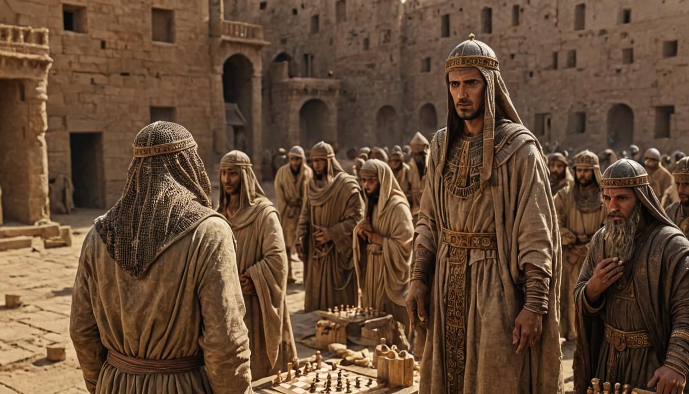 Ancient Sumerian Cityscape with Chess Pieces