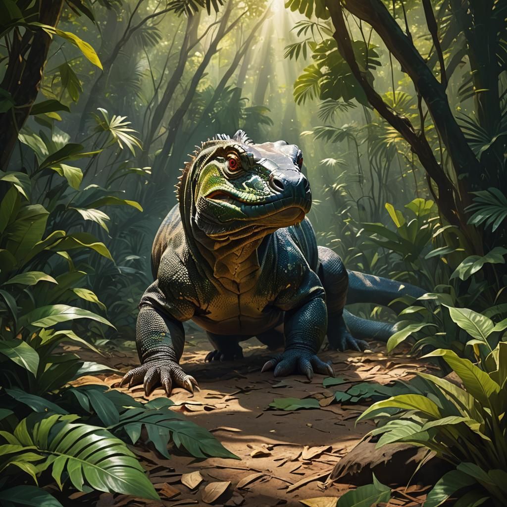 Komodo Dragon Stalking Prey in Jungle