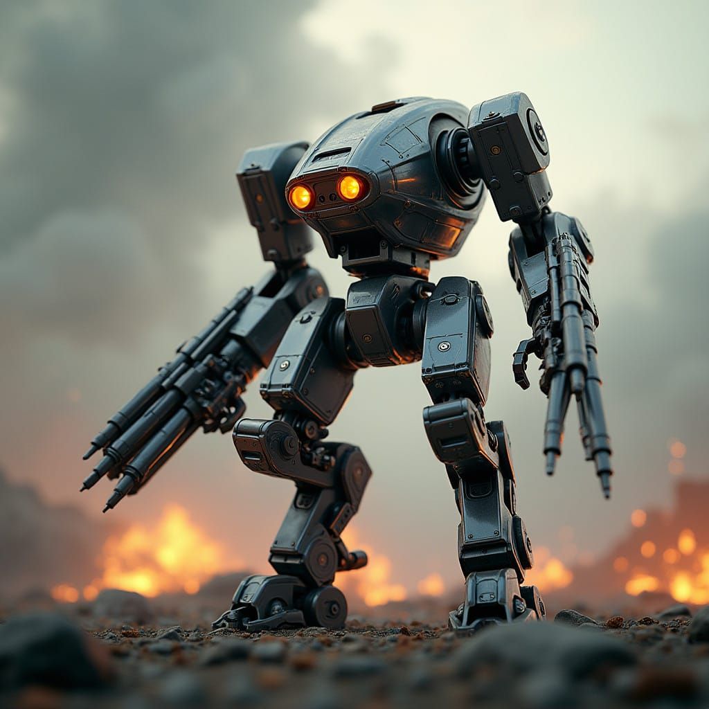 Cyberpunk Metal Mech Hero in Epic Sci-Fi Landscape