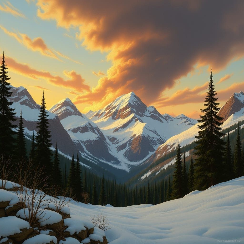 Volcano Erupts Behind Snowy Mountains, Painterly Style