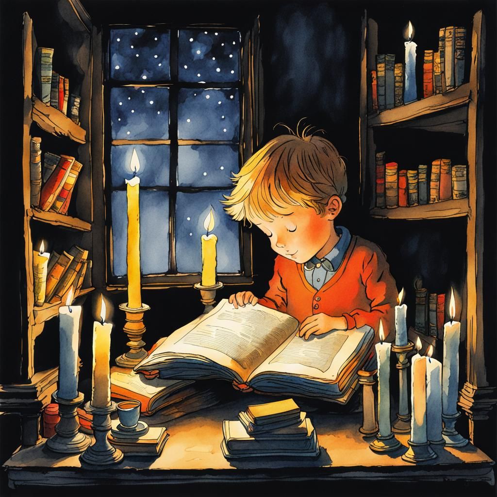 Boy Reading Book: Watercolor and Ink Illustration