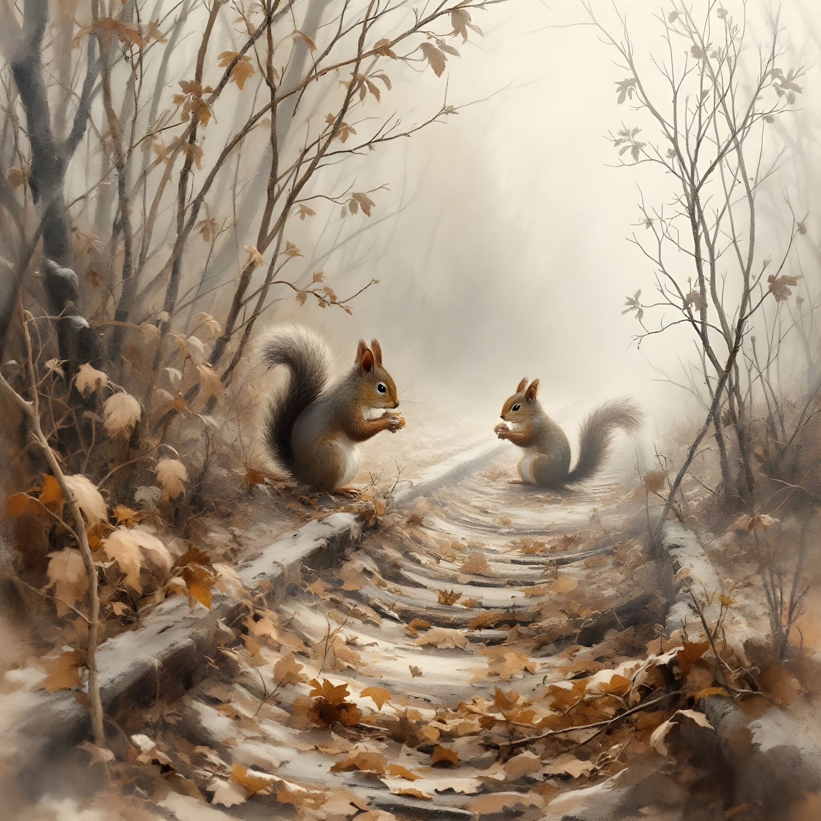 Winter Whispers: Squirrels in a Snowy Abandoned Landscape