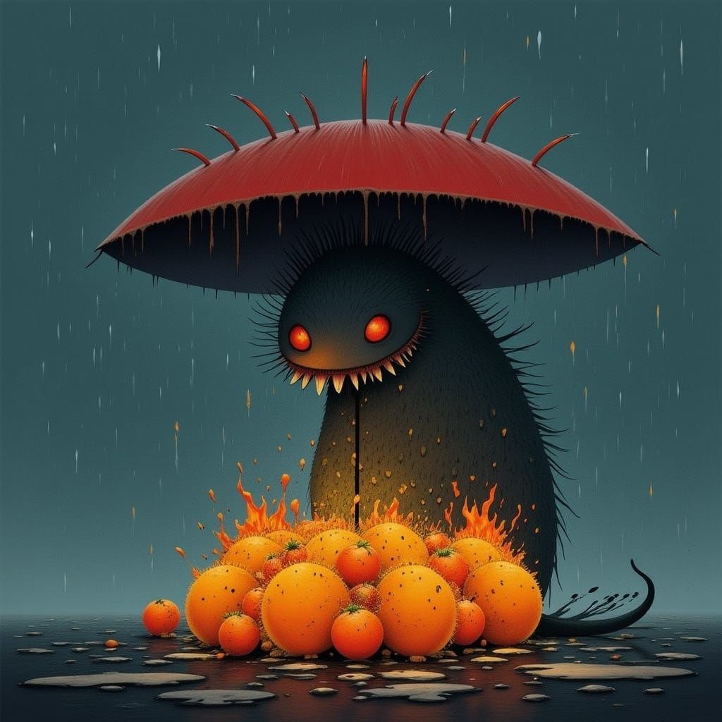 Benevolent Monster Shelters Fire Elementals in Ghibli Style