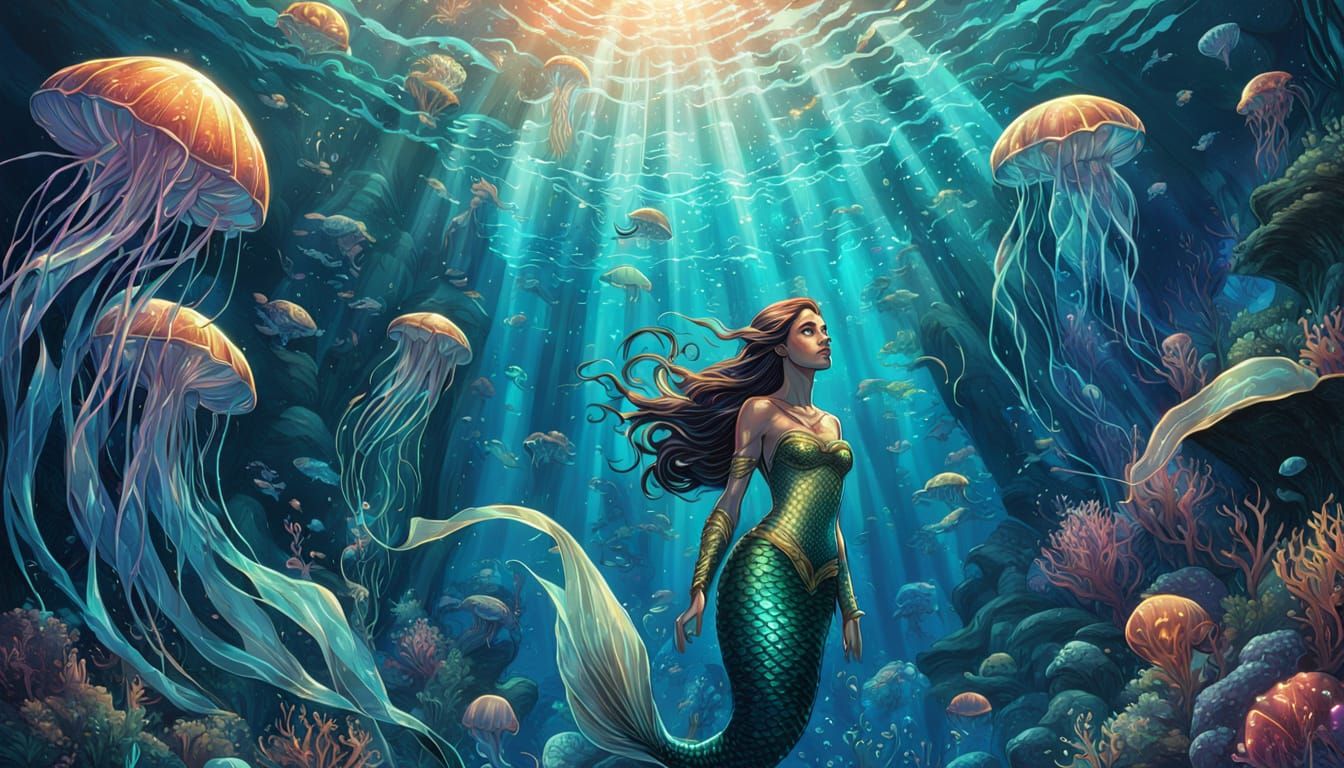 Mermaid Queen and Underwater Mural in Comic Style