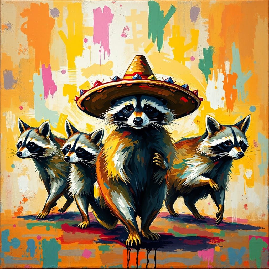 Abstract Raccoon Painting with Sombrero in Impasto Style